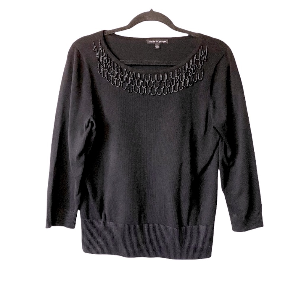 Cable & Gauge Sweater Size Large Black 3/4 Sleeves Beaded Detail